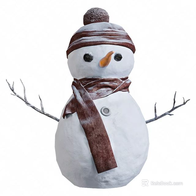 Adorable Snowman Wearing Brown Scarf And Striped Hat With Twig Arms And Carrot Nose 3d model 