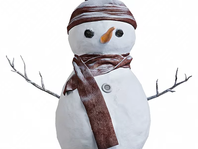 Adorable Snowman Wearing Brown Scarf And Striped Hat With Twig Arms And Carrot Nose 3d model