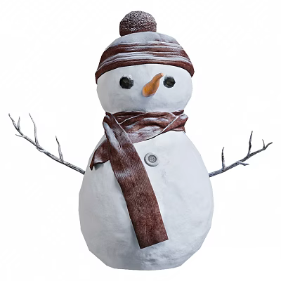 Adorable Snowman Wearing Brown Scarf And Striped Hat With Twig Arms And Carrot Nose 3d model