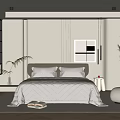 Modern Bedroom Interior With Brown Headboard White Quilt Pillows Green Plants And Wall Art