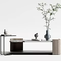 Modern Coffee Table With Marble Surface Decorative Plant And Wooden Side Table Design 3d model