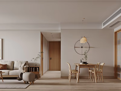 Cozy Modern Living And Dining Room Interior With Sofa Dining Table And Wooden Chairs 3d model