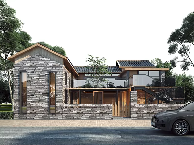 Modern Rustic Guesthouse Building With Stone And Wood Structure Solar Panels Surrounded By Trees 3d model