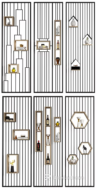 Modern Room Divider Designs With Striped Panels Shelves And Decorative Elements 3d model