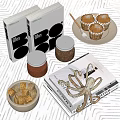 Modern Decorative Ornament Set With Glass Jars Metal Octopus Books Muffins And Sugar Cubes
