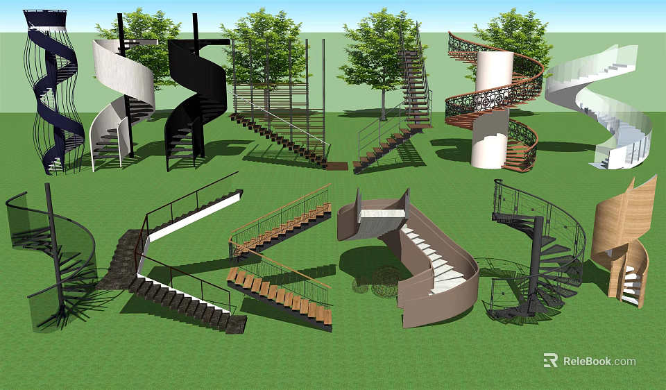 Various Spiral Stairs Designs With Wooden Metal Railings In Green Landscape 3d model 