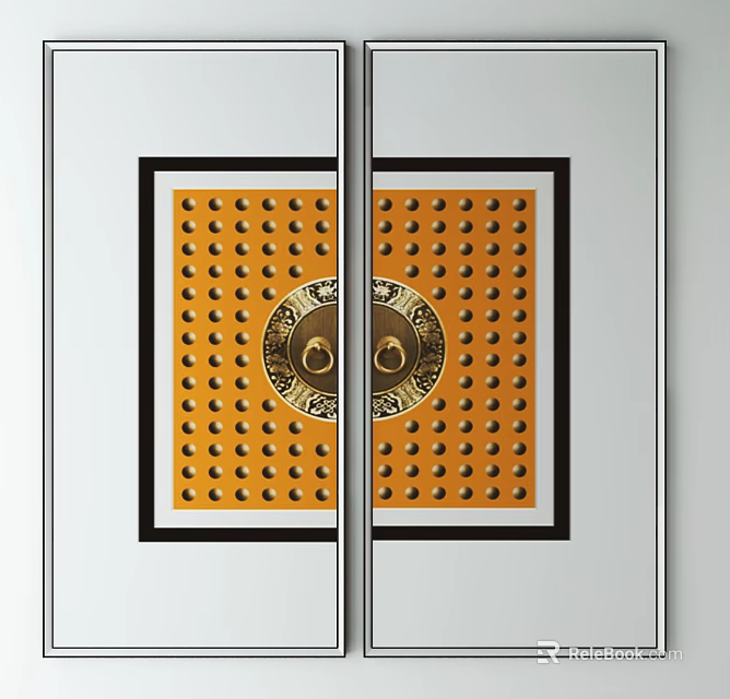 Elegant Modern Kitchen Doors With Yellow Dotted Pattern And Black Frame 3d model