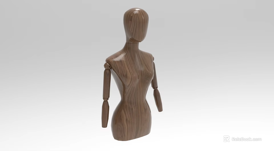 Wooden Mannequin Sculpture with Articulated Arms and Natural Wood Grain Texture 3d model 