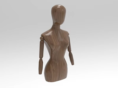 Wooden Mannequin Sculpture with Articulated Arms and Natural Wood Grain Texture 3d model