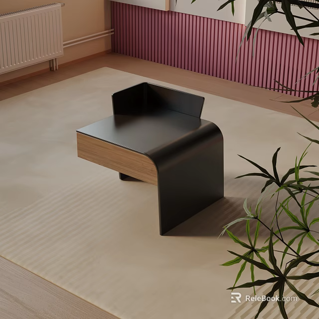 Modern Bedside Table With Black Frame And Wooden Drawer On Beige Carpet Near Green Plant 3d model 