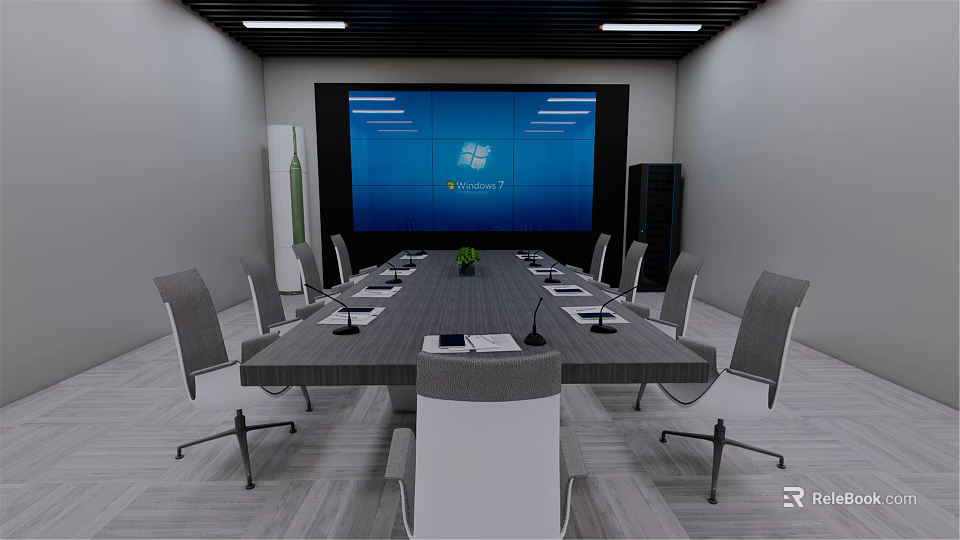 Modern Conference Room Interior With Long Table Ergonomic Chairs Large Screen And Small Plant 3d model 