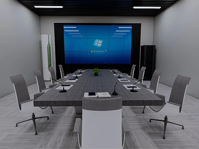 Modern Conference Room Interior With Long Table Ergonomic Chairs Large Screen And Small Plant 3d model