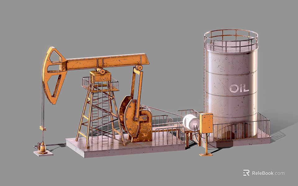 Industrial Oil Equipment With Pumpjack And Storage Tank In Processing Facility 3d model 