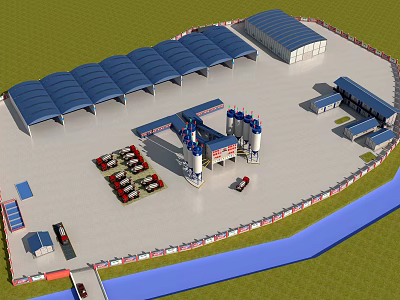 Industrial Plant Layout With Blue Roof Buildings Vehicle Parking And Storage Silos 3d model