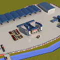 Industrial Plant Layout With Blue Roof Buildings Vehicle Parking And Storage Silos
