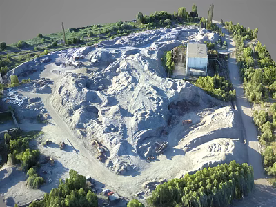 Aerial View Of Open Pit Quarry With Excavation Area Buildings And Trees 3d model