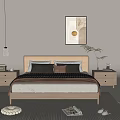 Modern Double Bed Bedroom Setup With Wooden Headboard Pillows Nightstands Pendant Light And Wall Art