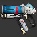 Futuristic Weapon With Blue White Body Red Accents And Metallic Components