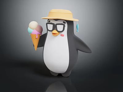 Cute Cartoon Penguin Wearing Yellow Hat And Glasses Holding Ice Cream Cone 3d model