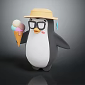 Cute Cartoon Penguin Wearing Yellow Hat And Glasses Holding Ice Cream Cone