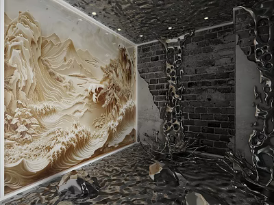 Artistic Relief Landscape Background Wall With Brick Accent And Stone Floor 3d model