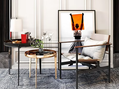 Modern Leisure Chair Interior With Metal Frame Side Tables And Abstract Painting 3d model