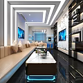 Modern KTV Interior Design With Blue Neon Lights Sofas Tables And TV Screen