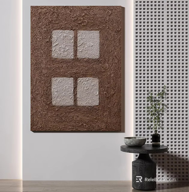Textured Brown Wall Art Featuring Four White Squares And Side Table Plant 3d model