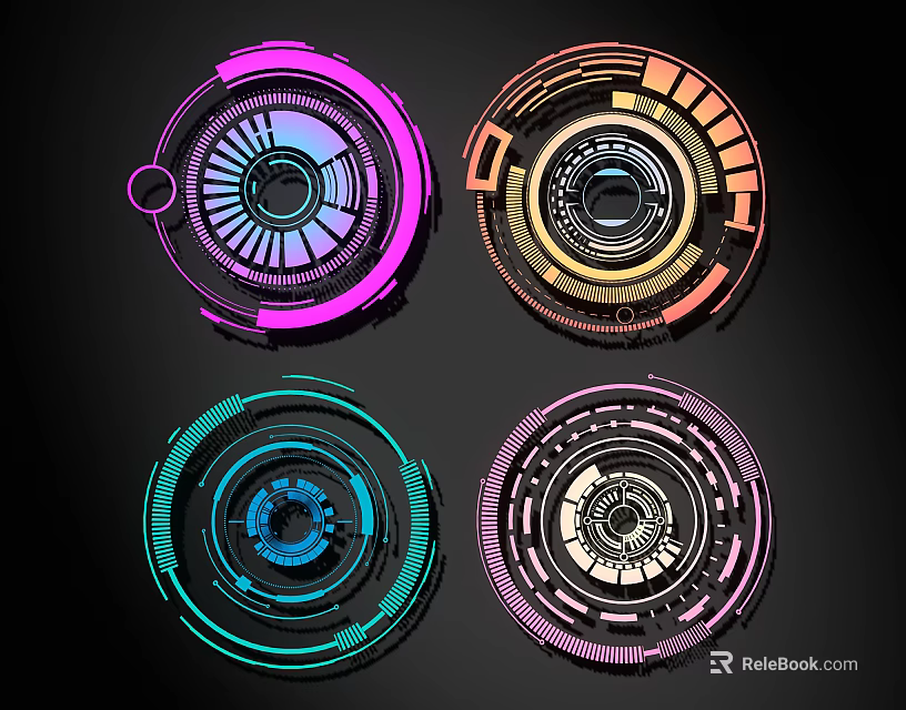 Futuristic Neon Lines Create Intricate Circular Multicolored Tech Ring Structures 3d model 