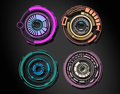 Futuristic Neon Lines Create Intricate Circular Multicolored Tech Ring Structures 3d model
