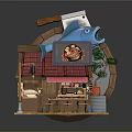 Cartoon Scene of Japanese Restaurant with Red Roof Blue Fish Decoration Signboard Tables Stools Lantern