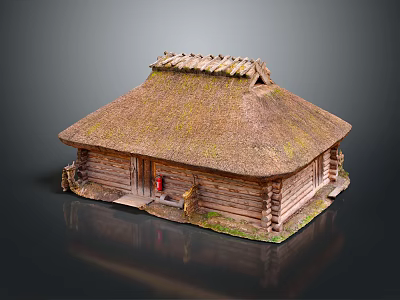 Traditional Rustic Wooden House With Thatched Roof And Log Structure Design 3d model