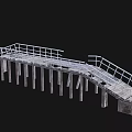 Industrial Metal Railing Bridge Structure With Wooden Planks And Concrete Supports
