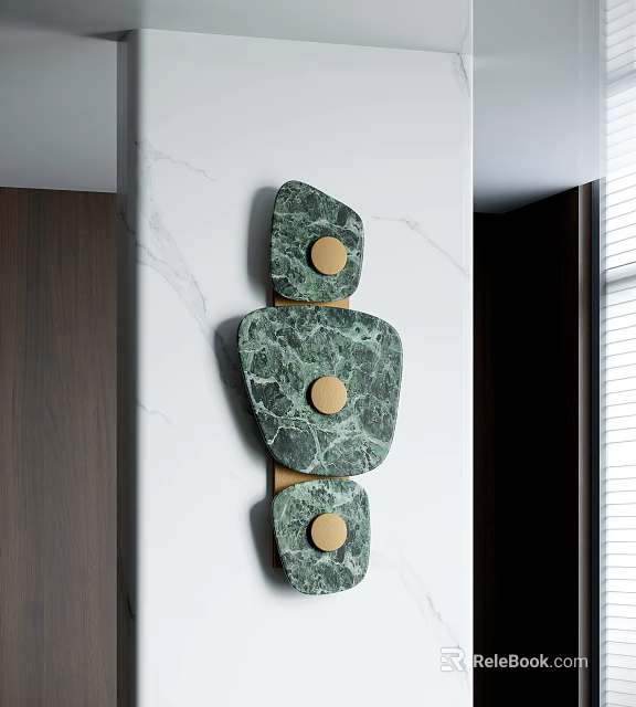Green Marble Wall Decor With Irregular Shapes And Golden Circular Accents On White Marble Wall Surface 3d model 