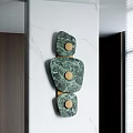 Green Marble Wall Decor With Irregular Shapes And Golden Circular Accents On White Marble Wall Surface