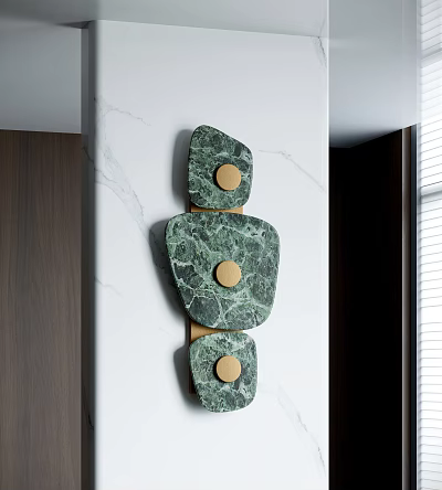 Green Marble Wall Decor With Irregular Shapes And Golden Circular Accents On White Marble Wall Surface 3d model