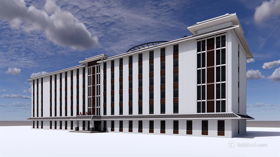 Modern Multi Story Building With White Exterior And Large Glass Windows 3d model 