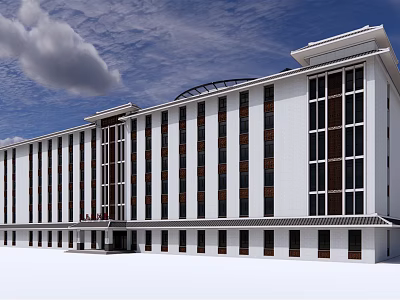Modern Multi Story Building With White Exterior And Large Glass Windows 3d model