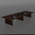 Wooden Conference Table with Laptops and Small Potted Plants in Modern Office Meeting Room