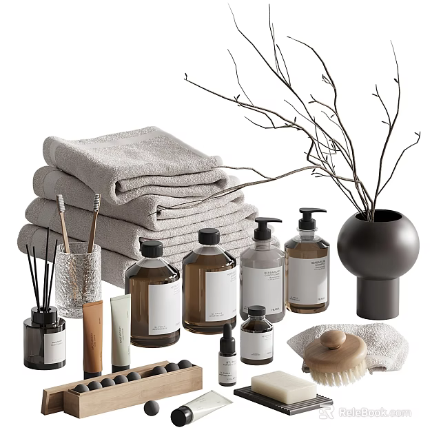Essential Daily Washing Products Featuring Stacked Towels Liquid Soap Bottles Cleaning Brush And Soap Dish 3d model 