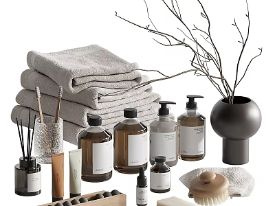 Essential Daily Washing Products Featuring Stacked Towels Liquid Soap Bottles Cleaning Brush And Soap Dish 3d model