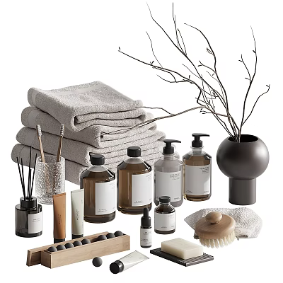 Essential Daily Washing Products Featuring Stacked Towels Liquid Soap Bottles Cleaning Brush And Soap Dish 3d model