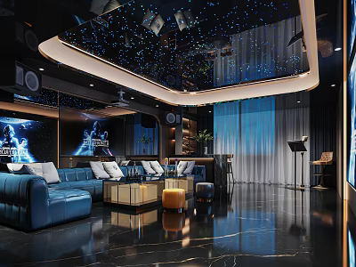 Modern Home Theater Interior With Starry Ceiling Blue Sofas And Screens 3d model