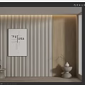 Modern Interior Featuring Vertical Striped Wall FUTURA Poster And Wooden Decorative Objects