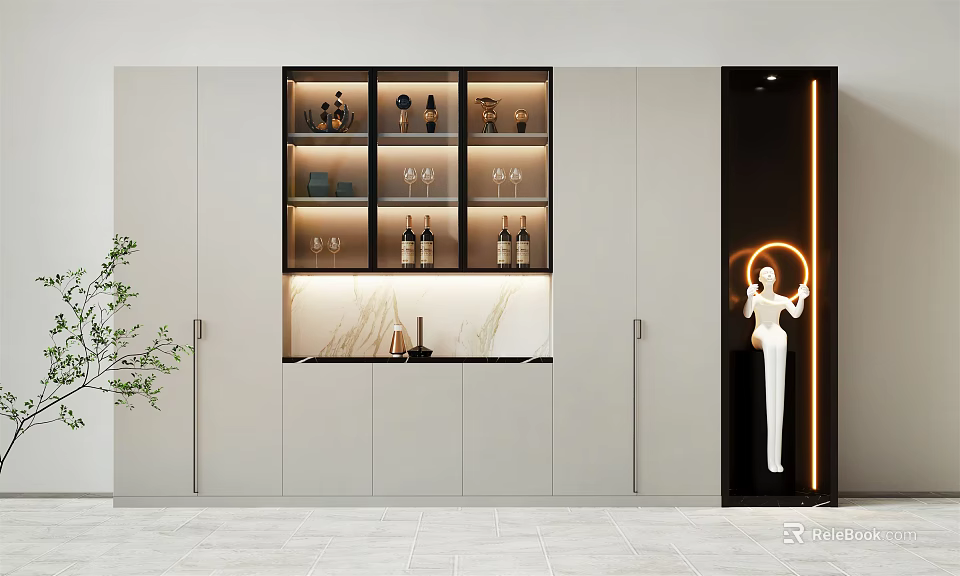 Modern Style Decorative Cabinet With Glass Display Shelf Wine Bottles Glasses And Sculpture Lighting 3d model 