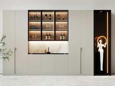 Modern Style Decorative Cabinet With Glass Display Shelf Wine Bottles Glasses And Sculpture Lighting 3d model