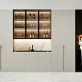 Modern Style Decorative Cabinet With Glass Display Shelf Wine Bottles Glasses And Sculpture Lighting