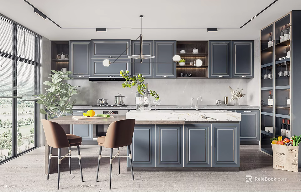 Modern Kitchen Interior With Gray Cabinets Island Counter Pendant Lights And Green Plants 3d model 