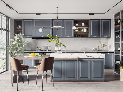 Modern Kitchen Interior With Gray Cabinets Island Counter Pendant Lights And Green Plants 3d model