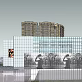 Modern Commercial Complex With Glass Curtain Walls Advertising Screens And High Rise Buildings